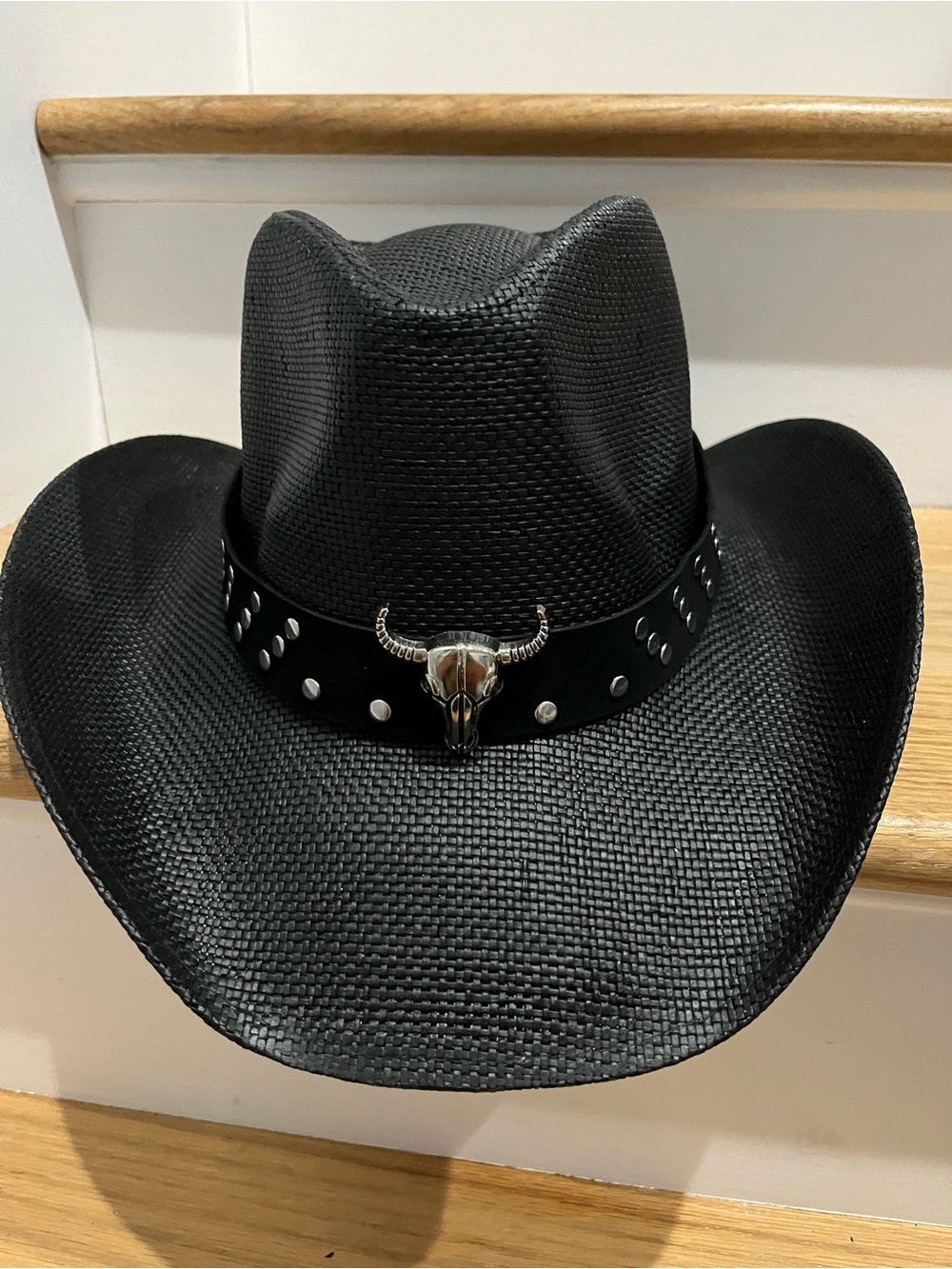 Black Western Cowboy Hat with Studded Band and Bull Skull Emblem